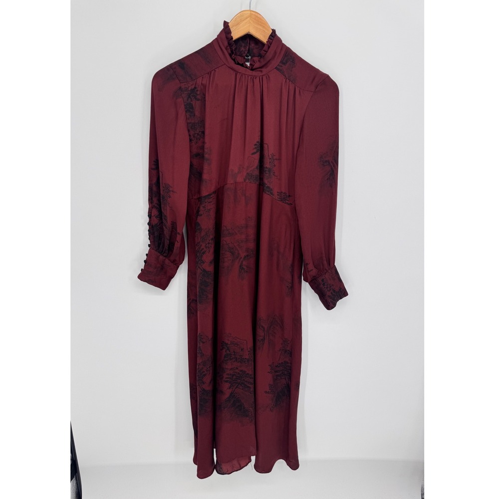 Zara Midi Dress Womens S Burgundy Landscape Print Ruffle Neck Satiny Party